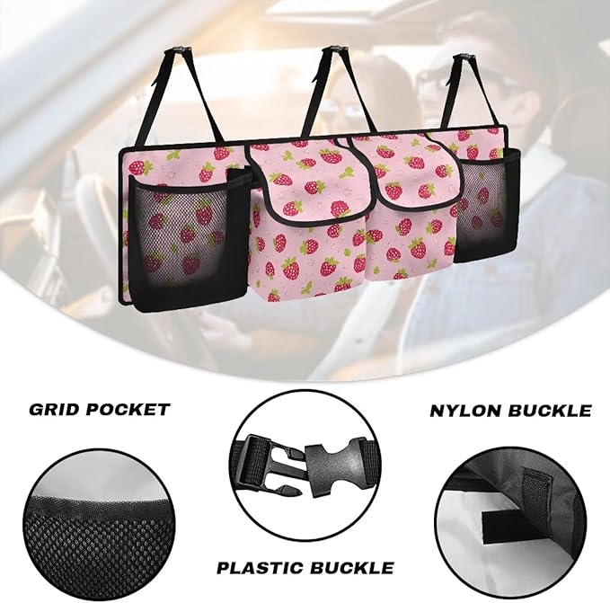 Large Capacity Car Trunk Organizer, Pink Strawberry Waterproof Oxford Backseat Hanging Storage Bag with 4 Pockets, Foldable Car Organization for Car Tools, Car Accessory for SUV Truck
