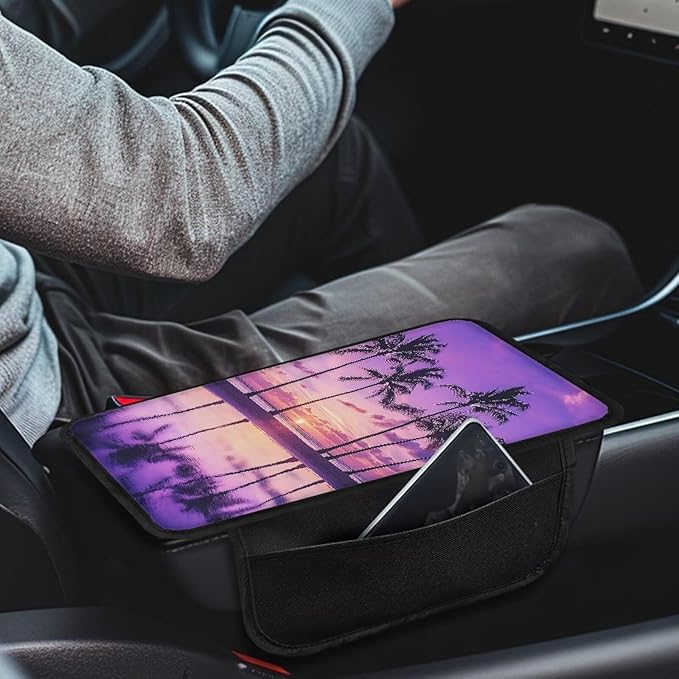 Dreaweet Purple Beach Palm Tree Center Console Cover with Pockets,Hawaiian Style Car Armrest Cover for Women Soft Car Arm Rest Cover Pad,Universal Center Covers for Car SUV Trucks