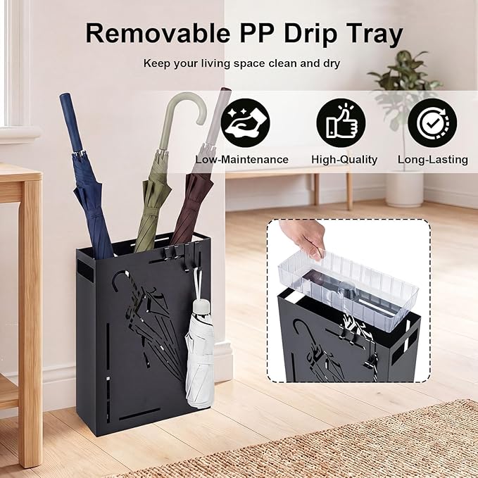 Goplus Metal Umbrella Holder, Rectangular Indoor Umbrella Stand Freestanding w/Removable Drip Tray, 4 Hanging Hooks, Heavy-Duty Umbrella Holders for Entryway, Home Office, 11 x 5 x 16 Inch, Black