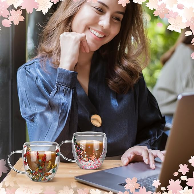 6 Pcs Flower Double Wall Coffee Mugs 8.5 oz Clear Decorative Coffee Glass Cup Insulated Heat Resistant Mug with Handle for Hot Cold Espresso Beverages Juice Birthday Mother's Day Gifts