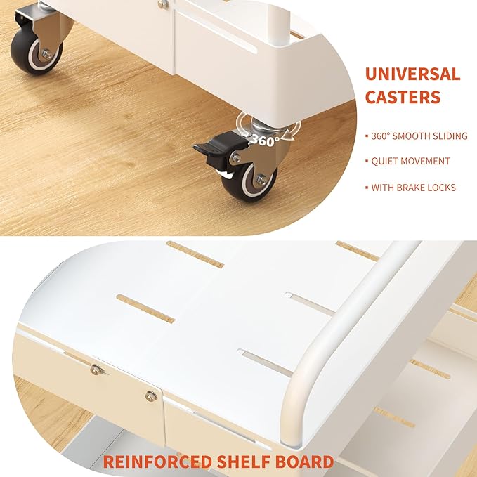 HOTEAGLE 4-Tier Rolling Cart Metal Expandable Utility Carts with Wheels, Ideal Storage Organizer for Livingroom, Bedroom, Kitchen and Bathroom, White