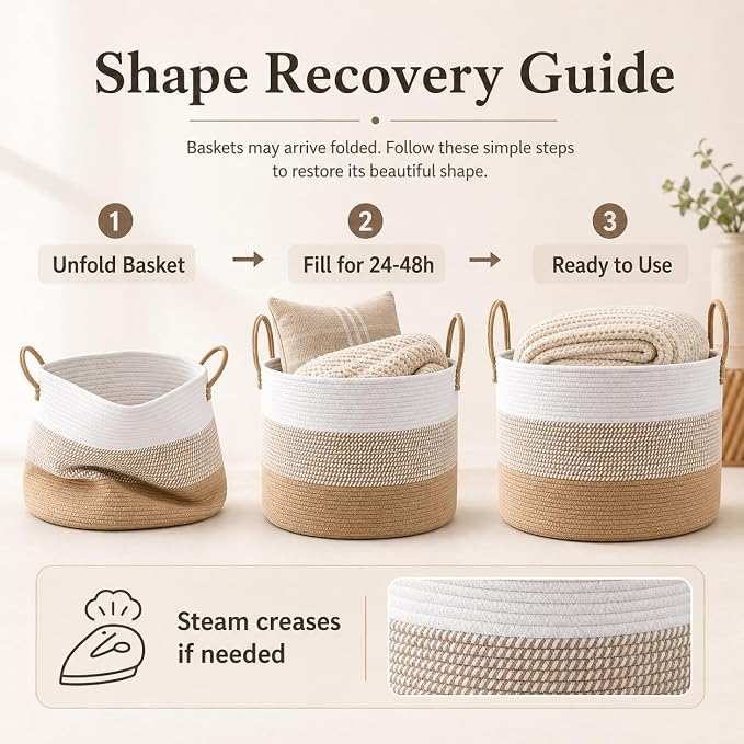 JMvicyroam 115L Extra Large Blanket Basket for Living Room - Woven Cotton Rope Laundry Hamper with Reinforced Handles - Storage Bin for Pillows, Comforters & Toys - Machine Washable,White&Jute Mix