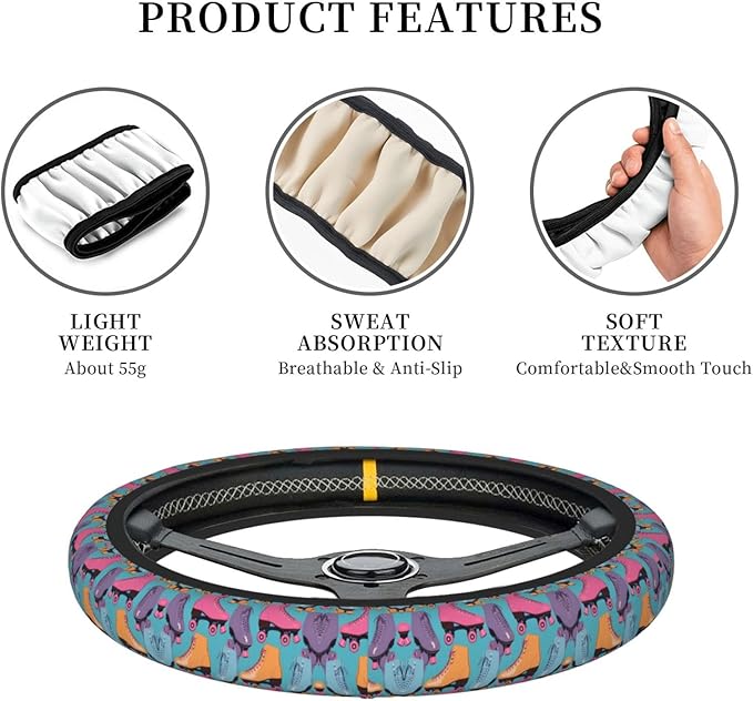 Retro Colorful Roller Skates Universal Fit Steering Wheel Cover for Car, Truck, and SUV, Durable Steering Wheel Protection