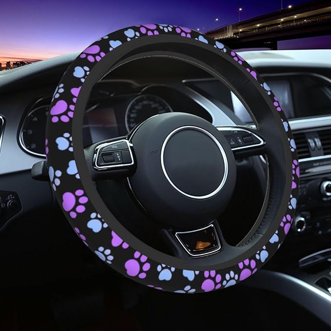 Paw Print Steering Wheel Cover for Women Men Girls Car Accessories Decor Anti-Slip Neoprene Auto Steering Wheel Covers Protector Universal 15 Inch