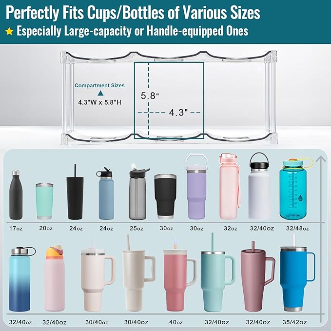 Design for Stanley 40 OZ & Large Bottles & Tumblers with Handle, Acrylic Water Bottle Organizer - Stackable Clear Wine Rack, Cup Holder for Home Kitchen Pantry Shelf Countertop Cabinet, 4 Tier Hold 12