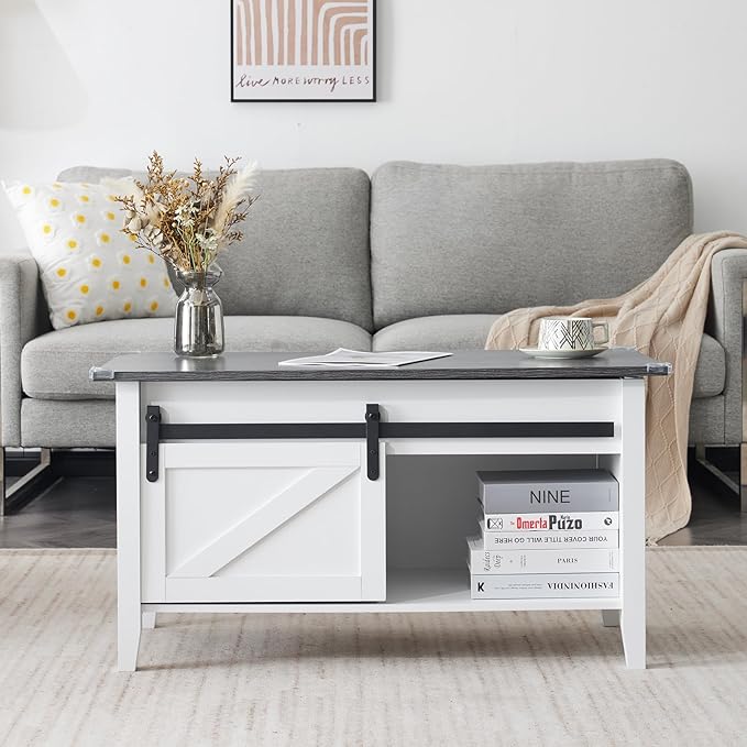 VINGLI Farmhouse Lift Top Coffee Table, Rustic Grey with Storage Shelf/Hidden Compartment, Mesa De Centro para Sala, Rustic Brown (White Charcoal, 36" L)