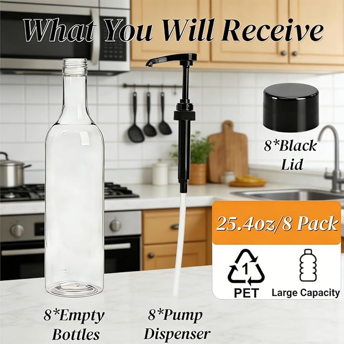 8 Pack 25.4Oz Coffee Syrup Dispenser, 750ml PET Syrup Bottles with Pump&Lid, Clear Plastic Long Neck Drinking Bottle Set for Coffee Bar Accessories Home Party Decor Flavored(Black)