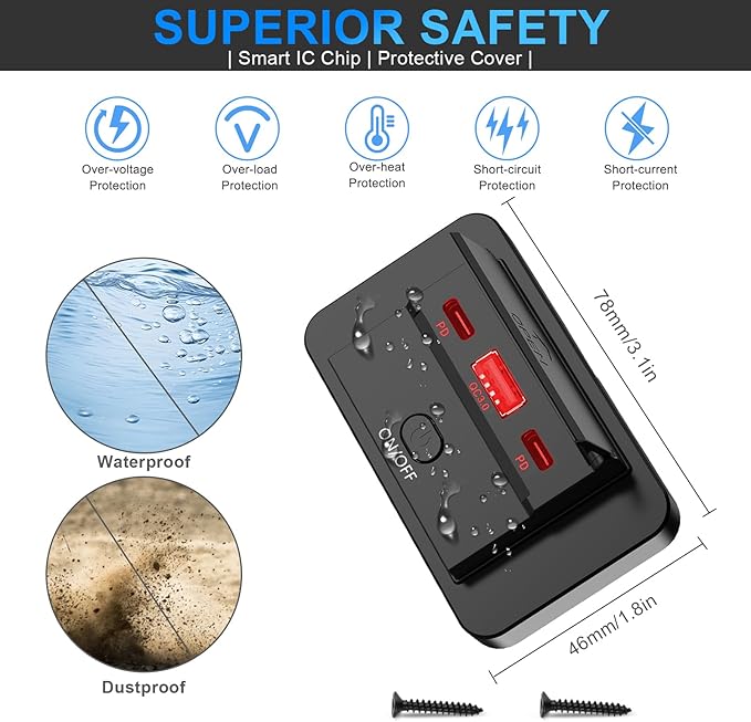 2PCS 3 Ports 12V RV USB Outlet 90W, Dual PD3.0 Type-C Quick Charge 72W & USB QC3.0 18W Panel Wall Mount, Automotive Car Socket Charger Adapter for RV Marine Boat Bus ATV Motorcycle Truck