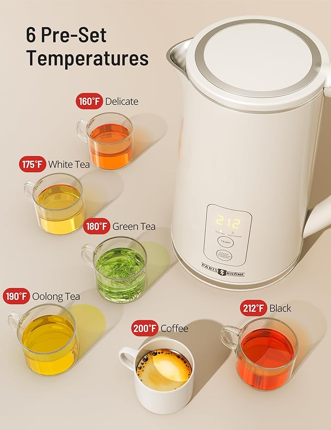 Electric Tea Kettle, PARIS RHÔNE1.7L Temperature Control Electric Kettle, 4H Keep Warm Water Boiler with 6 Presets, LED Screen Electric Kettles for Boiling Water, Boil-Dry Protection, BPA Free