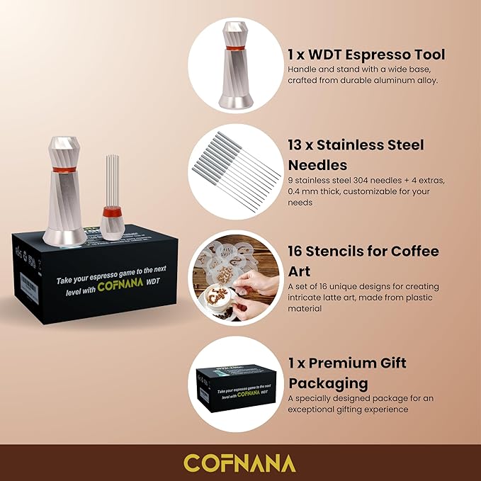 WDT Tool Espresso – Professional Espresso Stirrer Tool – Premium Aluminum Espresso Distributor– Espresso Distribution tool replaceable S.S Needles – coffee stir with prime gift box–SILVER