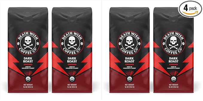 Death Wish Coffee Dark Roast Grounds -16 Oz, 4 Packs of Bold & Intense Blend of Arabica & Robusta Beans - USDA Organic Ground Coffee - Pack of 2