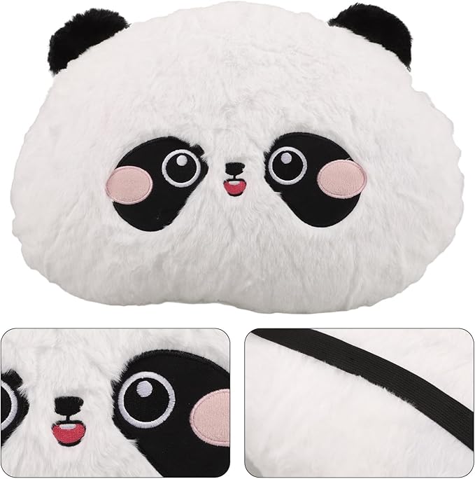 Mikinona Cartoon Panda Lumbar Support Pillow for Car Seat Cushion, Cute Panda Neck Pillow with Rabbit Hair Embroidery, Soft Round Waist Support for Driving and Office Use