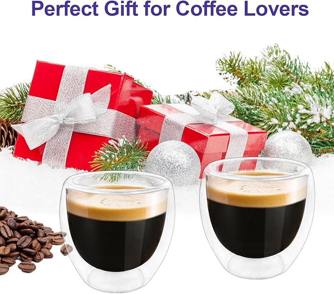 Double Wall Expresso Cups (Set of 2), 3 Ounce Glass Espresso Mugs - Clear, Double Walled, Insulated, Small Demitasse Cups for Espresso Machine - Microwave Safe