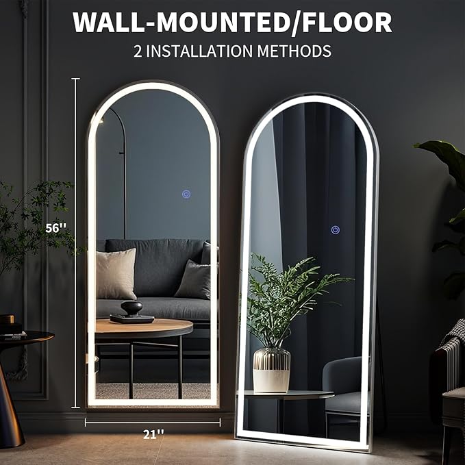 VooBang 71"x30" LED Large Mirror Full Length - Arched Floor Body Mirror with Dimmable Lights - 3 Color Modes, Standing Leaning Wall Mounted for Bedroom, Dressing Room