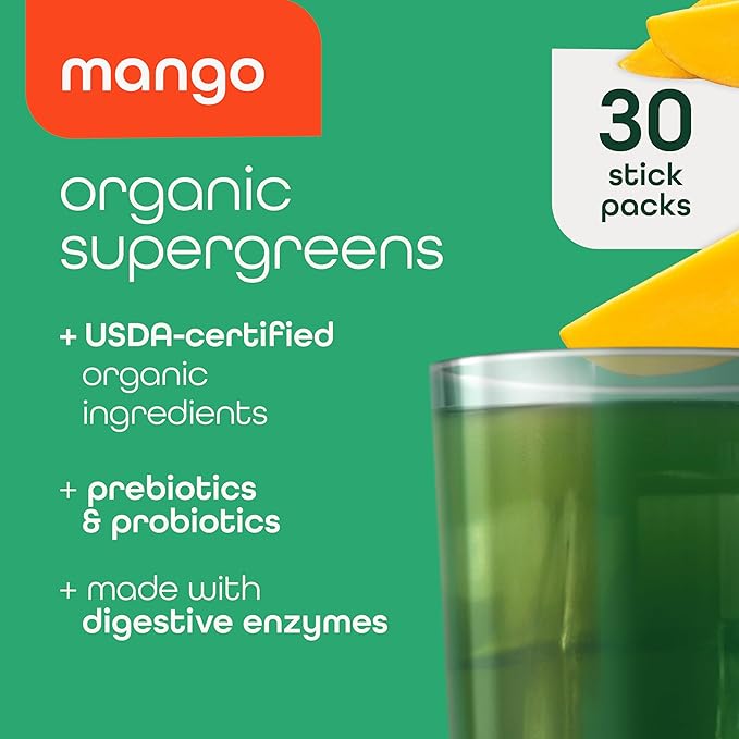 Zena Nutrition Organic Super Greens Powder, 70+ Superfoods, 0 Sugar, 3G Fiber, Spirulina, Chlorella, Mushrooms, Prebiotics/Probiotics, Digestive Enzymes for Gut Health, Mango, 30 Drink Mix Packets