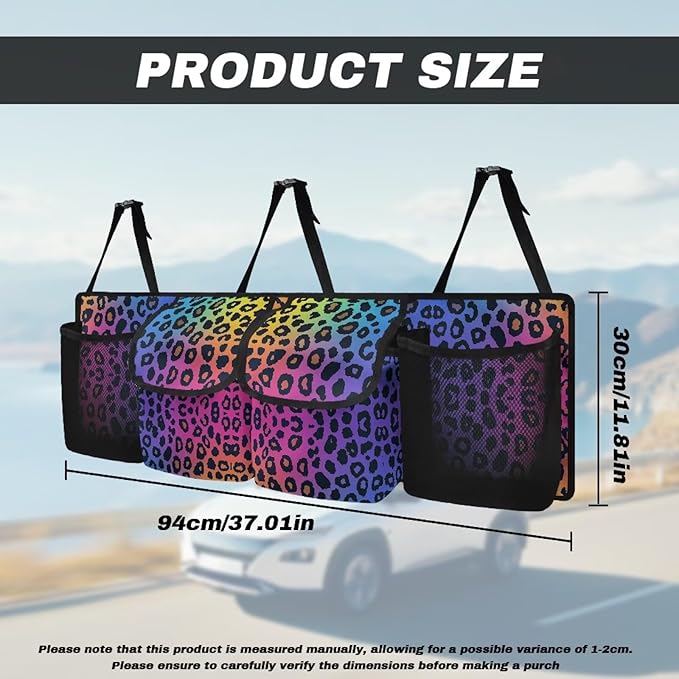 Rainbow Leopard Print Hanging Trunk Organizer Large Capacity Back of Seat Car Organizer with 4 Pockets & Buckle Straps, Waterproof Car Accessories for SUV Truck Sedan