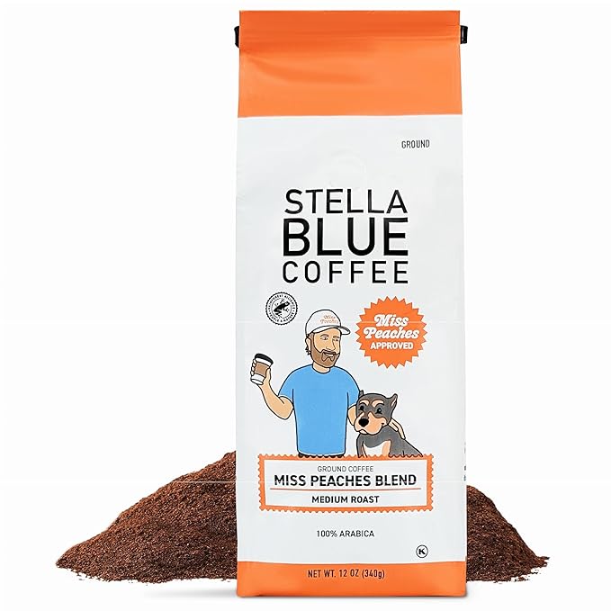 Stella Blue Ground Coffee, Miss Peaches Blend, Medium Roast, Fresh Coffee Ground 100% Arabica, Smooth Balanced Roast with Distinct Flavor Notes, Ethically Sourced Coffee Beans, 12 oz Bag