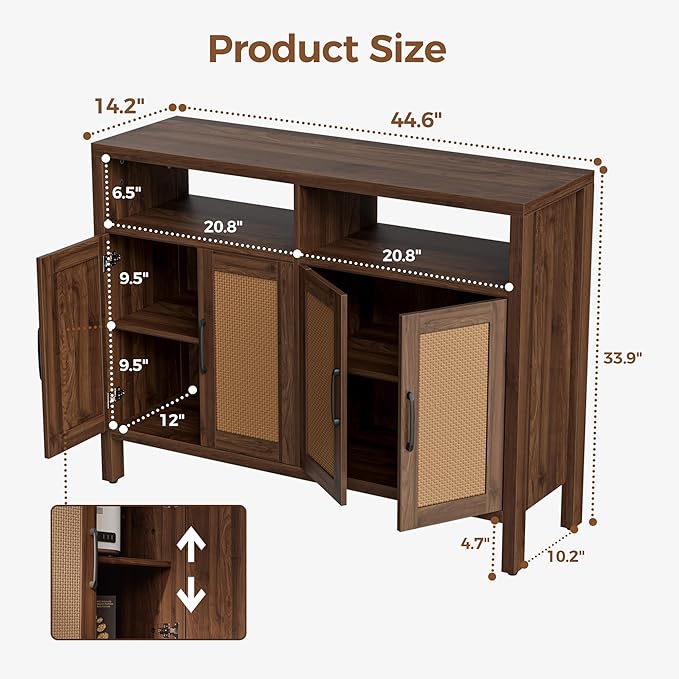 Mericonia Rattan Buffet Cabinet with Storage, Sideboard with Doors, Console Table, Farmhouse Coffee Bar, Modern Wood Storage Cabinets TV Stand(Walnut 2.0)