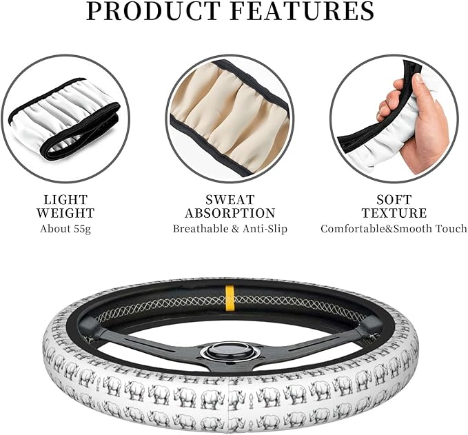 African Rhinos Car Steering Wheel Cover, 15 Inch Steering Wheel Cover Stylish Decor for Most Cars
