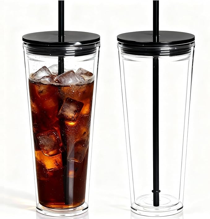 24oz Tumbler with Lid and Straw, Leak Proof and Double Wall Insulated Reusable Plastic Cups,Travel Reusable Iced Coffee Cup (2, Black)