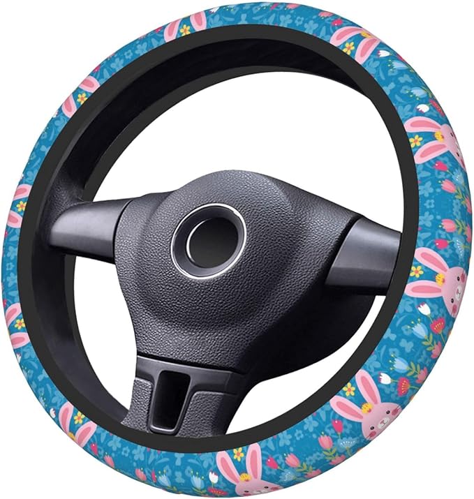 Neoprene Steering Wheel Cover Easter Bunny Yellow Blue Floral Chick Car Steering Wheel Cover Universal Fit for Most Cars