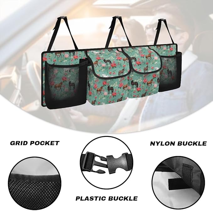 Horses Car Trunk Organizer with 4 Storage Bags Pink Floral Flowers Car Storage Organizer Waterproof,Easy to Install