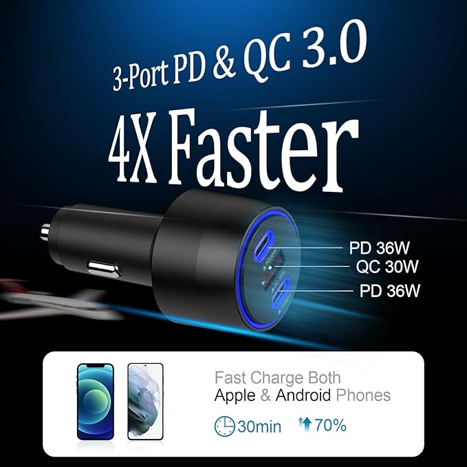 Super Fast Type C Car Charger for Samsung Galaxy S26 S25 Ultra A17 A16 iPhone 17 Pro Max 17e Pixel 10a 10 9 Pro Android USB-C&USB-A 3 Port PD36W with QC30W Car Phone Charger Cigarette Lighter Adapter