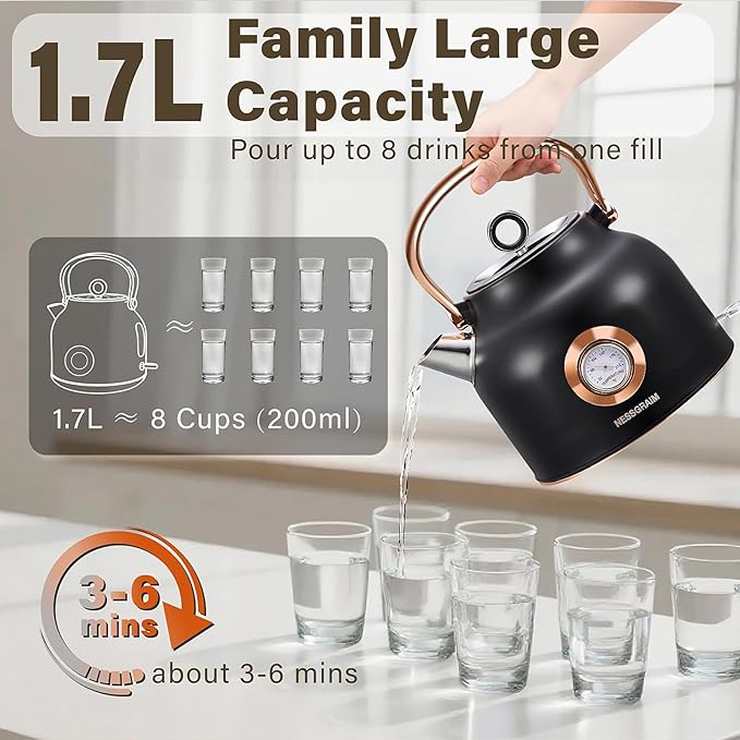Retro Electric Kettle, 1.7L Stainless Steel Tea Kettle with Large Temperature Gauge, 1500W Fast Heating Hot Water Boiler with LED Indicator, Auto Shut-off & Boil-Dry Protection-Reteo Black