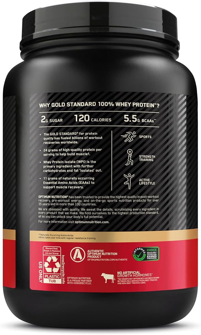 Optimum Nutrition Gold Standard 100% Whey Protein Powder, Delicious Strawberry, 2 Pound (Packaging May Vary)