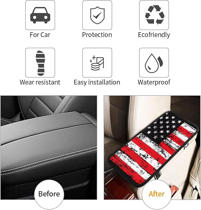 Red American Flag Center Console Cover for Most Cars Sedans Vans Truck Vehicles, SUVs Black Stars Vintage Middle Console Lid Pad Comfortable Armrest Protector Car Accessories