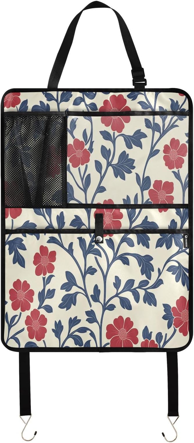 Red and Blue Floral Pattern 2 Pack Multifunctional Car Seat Back Organizer, Backseat Kick Protectors Vehicle Storage Bag with Tablet Holder
