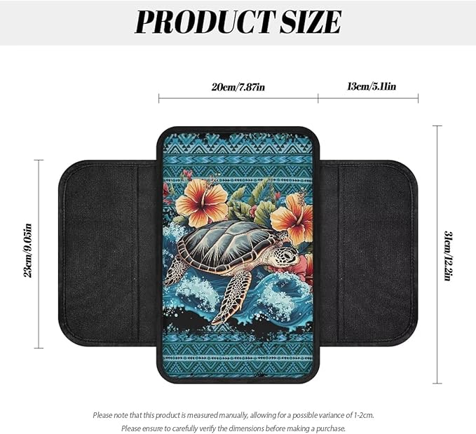 Boatee Turtle Flower Car Armrest Cushion Center Console Cover with 2 Pockets Console Mat Arm Rest Cover for Car Middle Console Organizer Universal Arm Rest Pad Stylish Interior Decor Blue