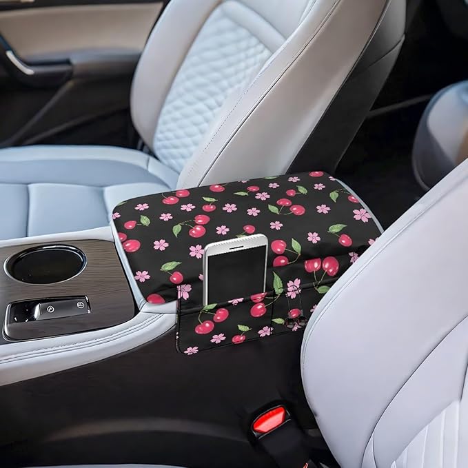 Dreaweet Cherry Print Arm Rest Cover for Car Women Black Thick Center Console Cover Pad with Pockets Cute Car Accessories Anti-Scratch Armrest Cover for Cars SUV Sedan