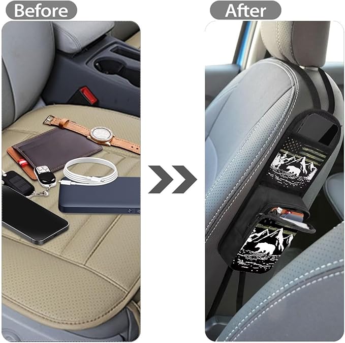 Car Seat Side Organizer for American Flag Mountain Print Auto Seat Storage Hanging Bag,2 Stuff Holder with Mesh Net Pocket,Hold Phones Wallet Glasses Drink