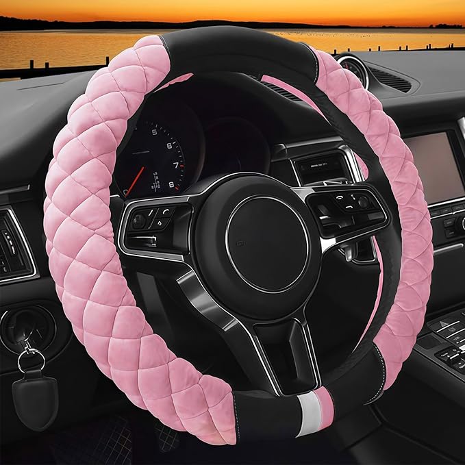 Cxtiy Universal Car Steering Wheel Cover Fluffy Winter Plush Steering Wheel Cover (A-Pink)