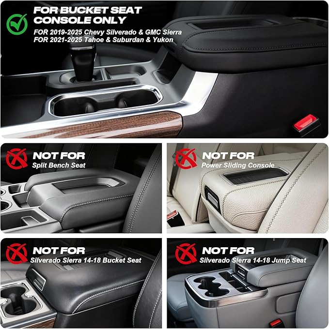 Center Console Armrest Cover Compatible with 2019-2026 Chevy Silverado GMC Sierra 1500 2500HD, 2021-2026 Tahoe Suburban Yukon, PU Faux Leather Console Protector Pad for Bucket Seat Accessories, Black
