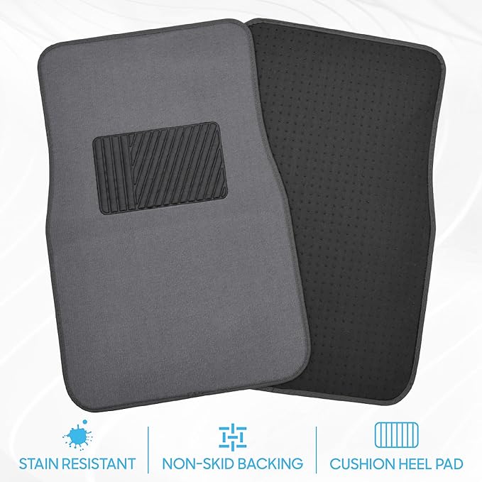 BDK Classic Carpet Floor Mats for Car & Auto - Universal Fit -Front & Rear with Heelpad (Medium Gray) - MT-100-CPTSERIES