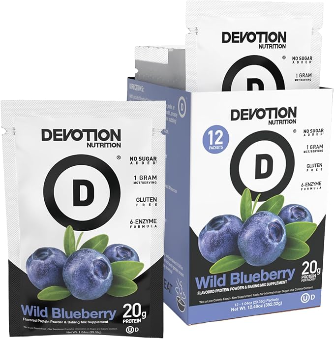 Devotion Nutrition Protein Powder Blend Wild Blueberry, 12 Single Serve Packets, 20g Whey and Micellar Protein, No Added Sugar, Keto-Friendly with 1g MCT, Gluten-Free, Kosher