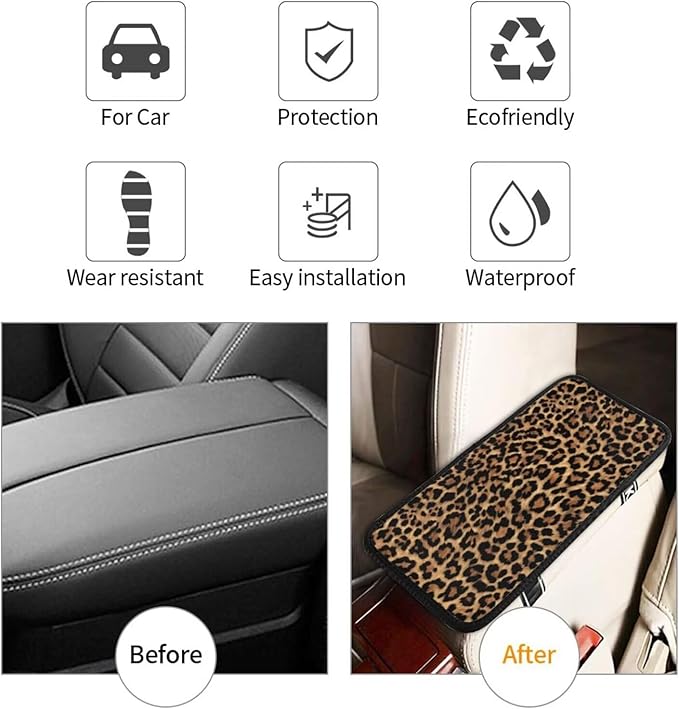 Car Armrest Cushion Brown Leopard Print Center Console Cover Car Accessories Interior Organizers Classical Middle Console Lid Covers Pad Fit for Most Cars Sedans Vans Truck