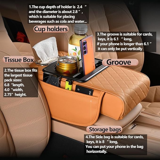 Car Armrest Cushion for SUV with Cup Holder 2.75" Height,5-in-1 Center Console Cover with 2 Storage Bags, Tissue Box Slot, Phone Slot for Sedans, Car Accessories Interior Organizers (Black)