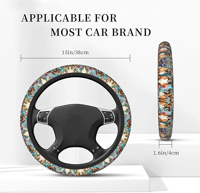 Boxer Dog Florals Mint Flowers Neoprene Steering Wheel Covers Women Men Car Accessories, Universal 15 Inch Fit Auto, Suvs, Truck