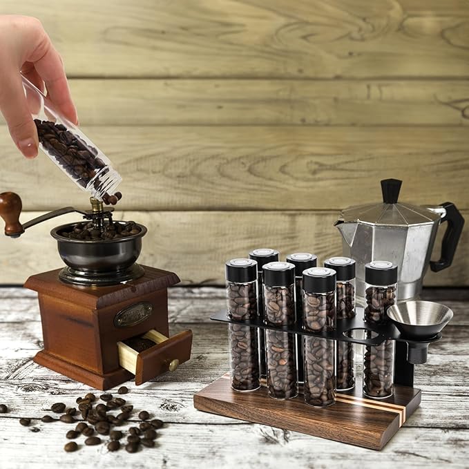 AVLA 8 Pack 2 OZ Coffee Bean Cellar Tubes, Single Dose Coffee Beans Storage with One-Way Exhaust Valve, Glass Espresso Beans Container, Dosing Vials with Wooden Stand Hopper for Coffee Lover, 20-22g