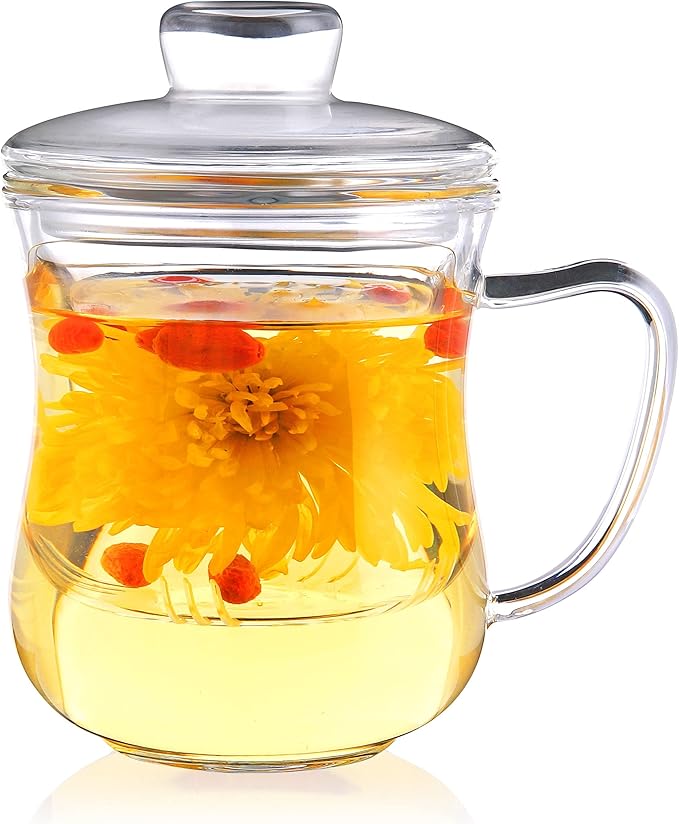 CNGLASS Glass Tea Cup with Removable Infuser and Lid,10oz Thickened Glass Infuser Mug,Borosilicate Glass Mug for Loose Leaf Tea,Teabags