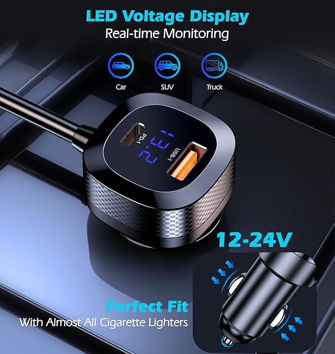 LIHAN Cigarette Lighter Splitter Adapter, 3 Sockets & 5 USB Ports (3 Type-C+2 QC), Retractable 45W PD Cable, 12V/24V Car Charger with LED Voltage Monitor for Vehicle/RV/SUV/Truck