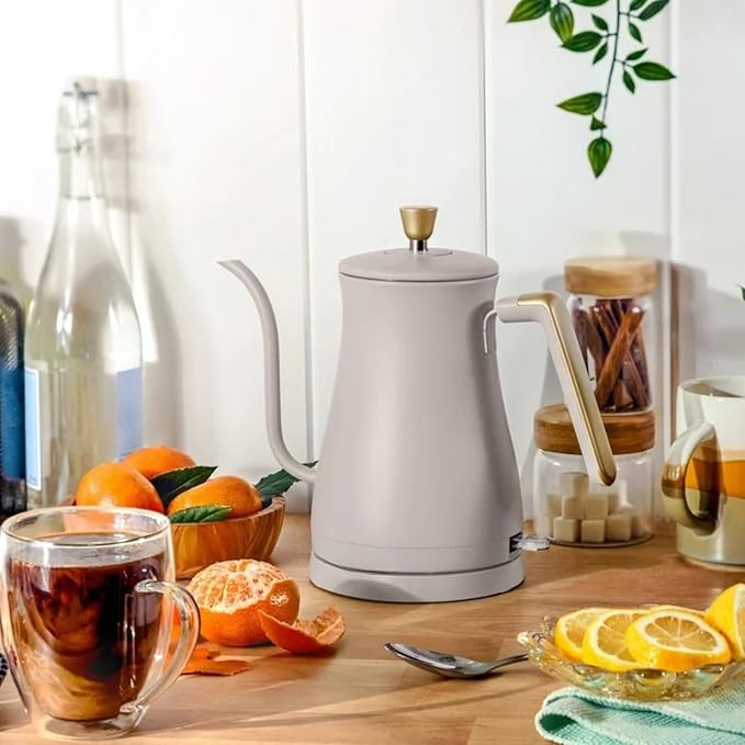 Electric Gooseneck Kettle 1 Liter 1200W, Stainless Steel, Pour Over Coffee Tea, Auto Shut-Off, 360° Cordless Power Base (Porcini Taupe)