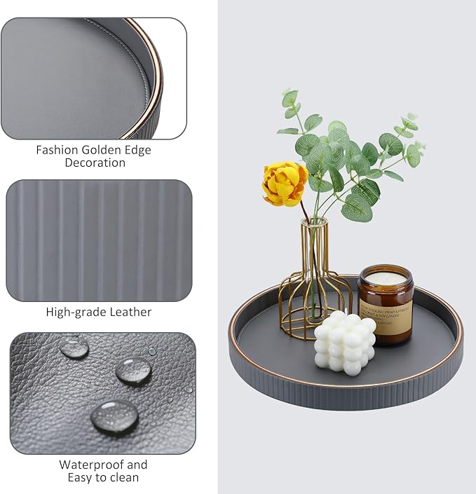 KINGFOM Round Decorative Tray, PU Leather Vanity Tray Organizer with Gold Trim for Dresser, Coffee Table & Bathroom Counter, Modern Home Decor Jewelry & Perfume Tray for Men Women (Gray)