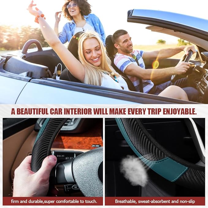 Car Steering Wheel Cover, Steering Wheel Protector, Universal 14.5-15 Inch Microfiber Leather Breathable Auto Steering Wheel Covers, Carbon Fiber Steering Wheel Cover for Women Men (Dark Green)