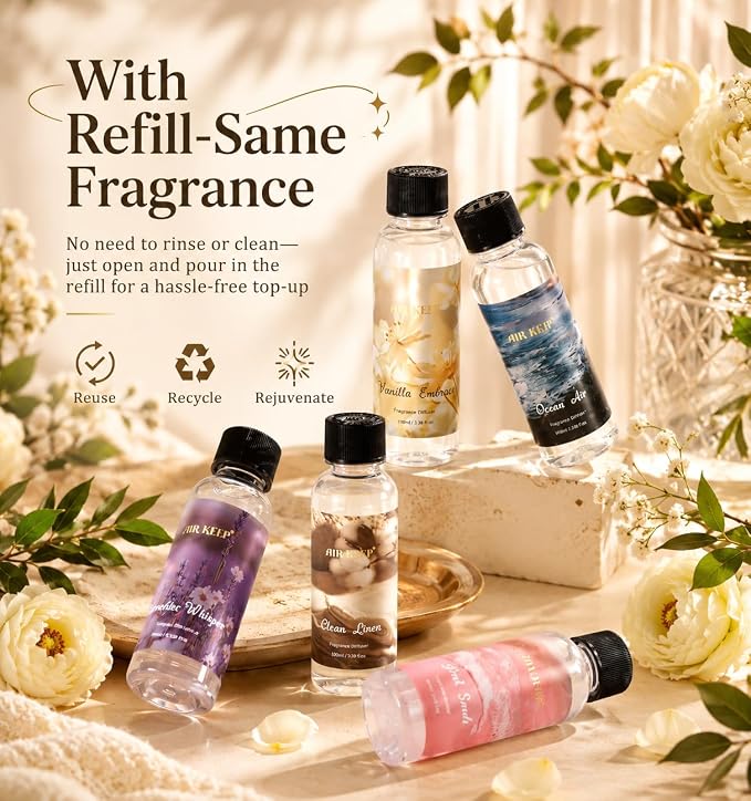 Airkeep Reed Diffuser Set with Refill & 8 Reed Sticks, 6.96 fl oz Vanilla Embrace Home Fragrance, Long Lasting Aromatherapy Diffuser for Bedroom, Bathroom & Living Room