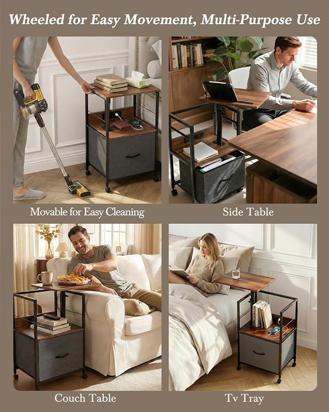 Faesun Swivel Lift Top Nightstand with Charging Station, Rolling Side Table for Recliner, Bedside Table with Wheels & a Fabric Drawer, for Small Spaces, for Bedroom, Living Room, Walnut Gray