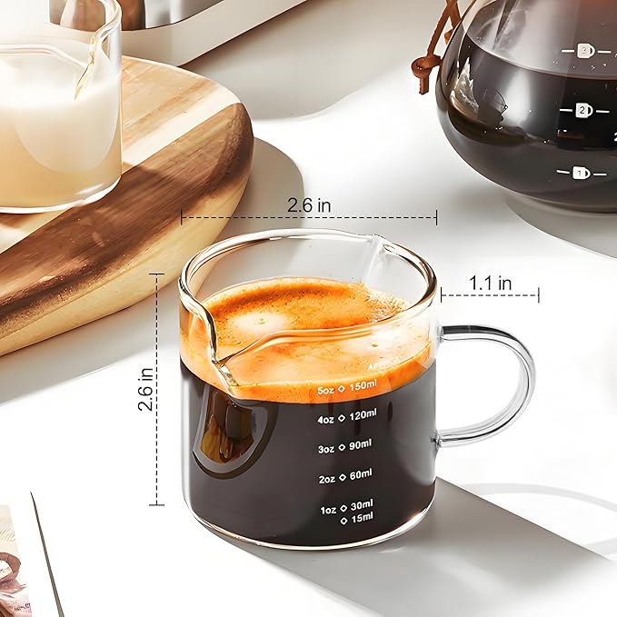 5OZ (150ML) Espresso Cups, Double Spouts Espresso Shot Cups with Handle, Heat Resistant Borosilicate Cappuccino Cup, Coffee Bar Accessories, Small (Set of 2)